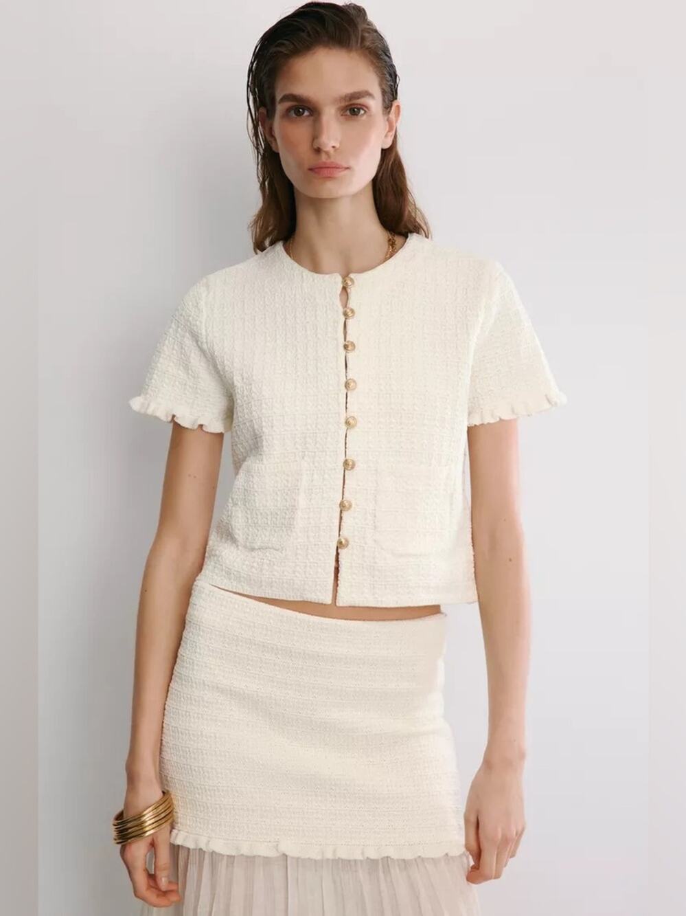 Zara Ruffle Knit Cardigan Sweater Gold Buttons NWD